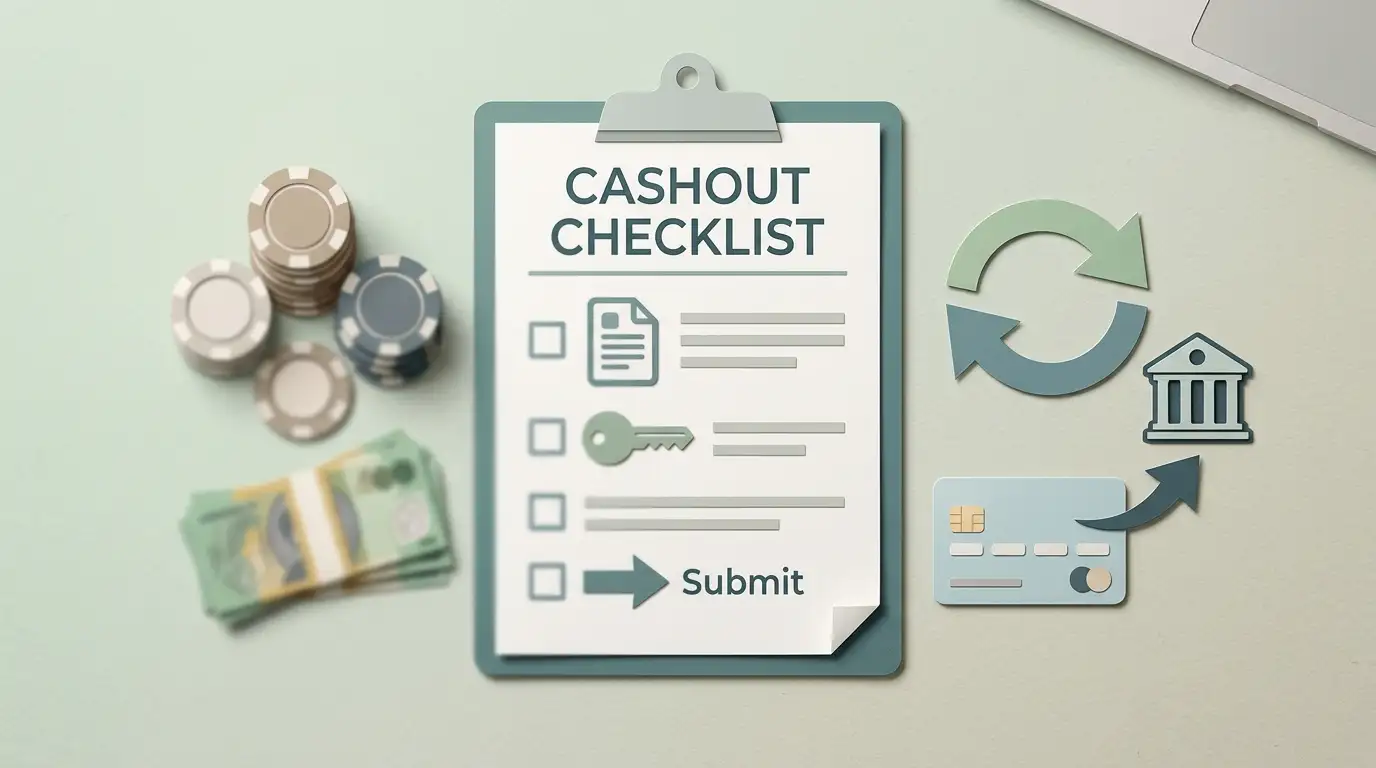 Editorial illustration of a cashout checklist beside generic Australian-dollar banking symbols
