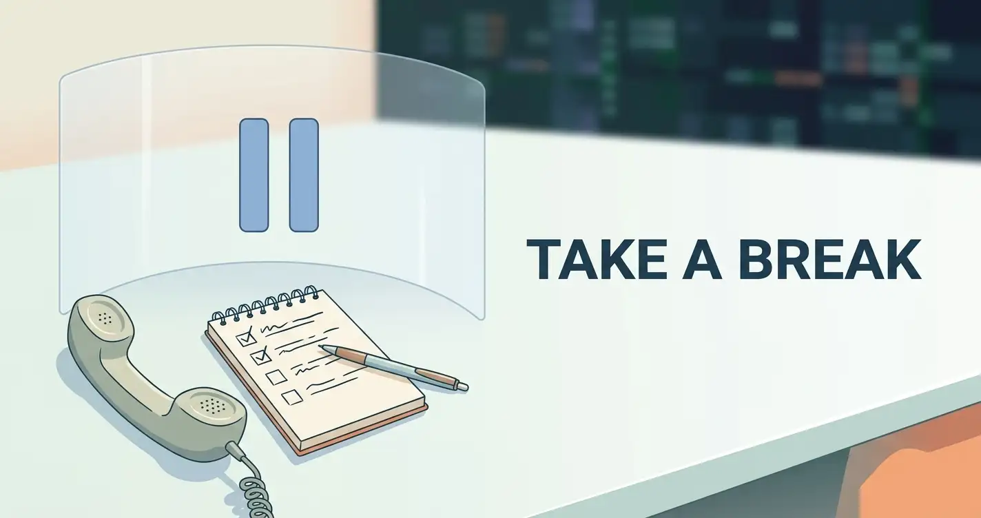 Calm editorial illustration of gambling support with a phone helpline, pause symbol and practical checklist