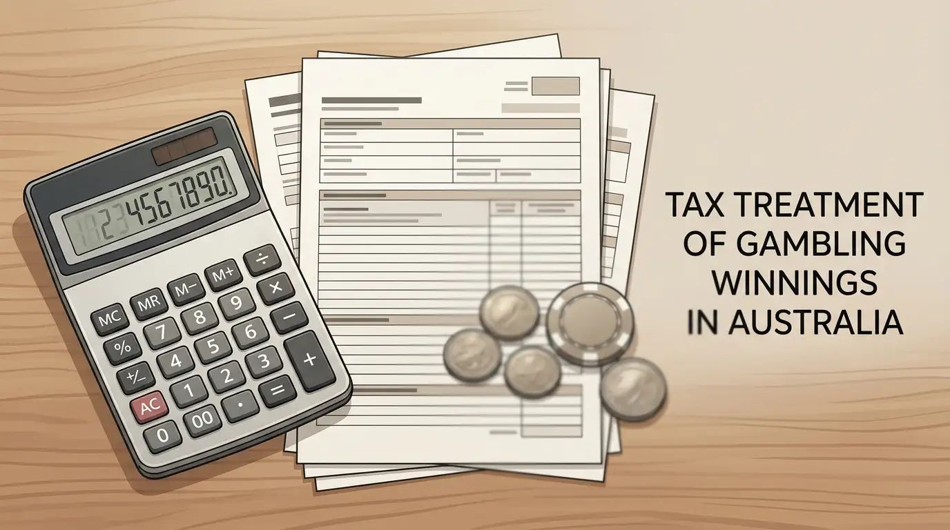 Generic editorial illustration of an Australian tax calculation with coins, calculator and a casino chip