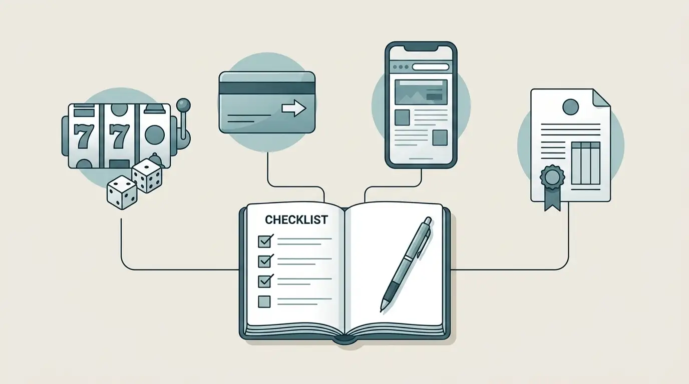 Editorial checklist illustration covering product, payments, mobile access and Australian regulation